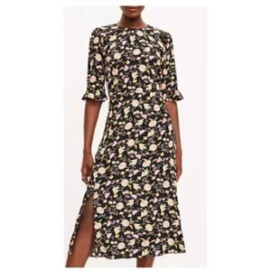 LOFT Floral Print Ruffle Sleeve Side Slit Viscose Shift Midi Dress Black 12